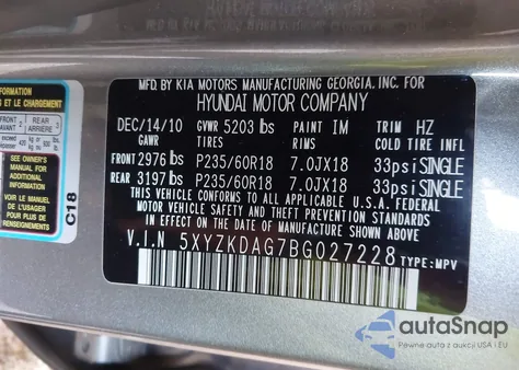 2011 Hyundai Santa Fe Limited V6 from USA, damaged, VIN 5XYZKDAG7BG027228